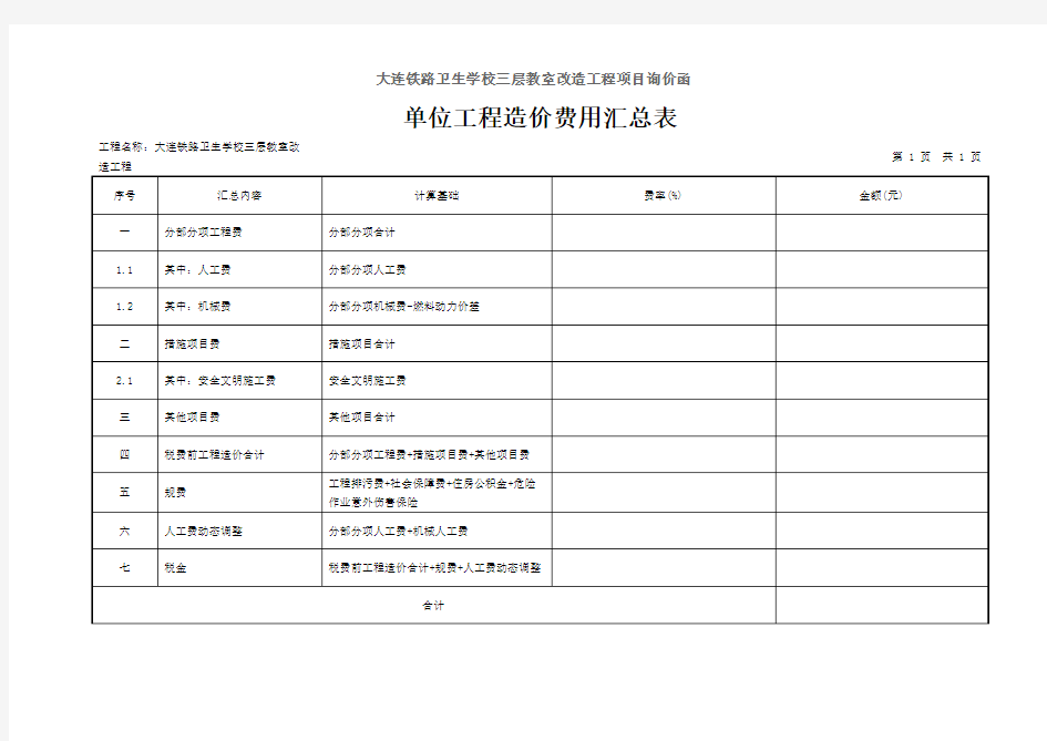 单位工程造价费用汇总表