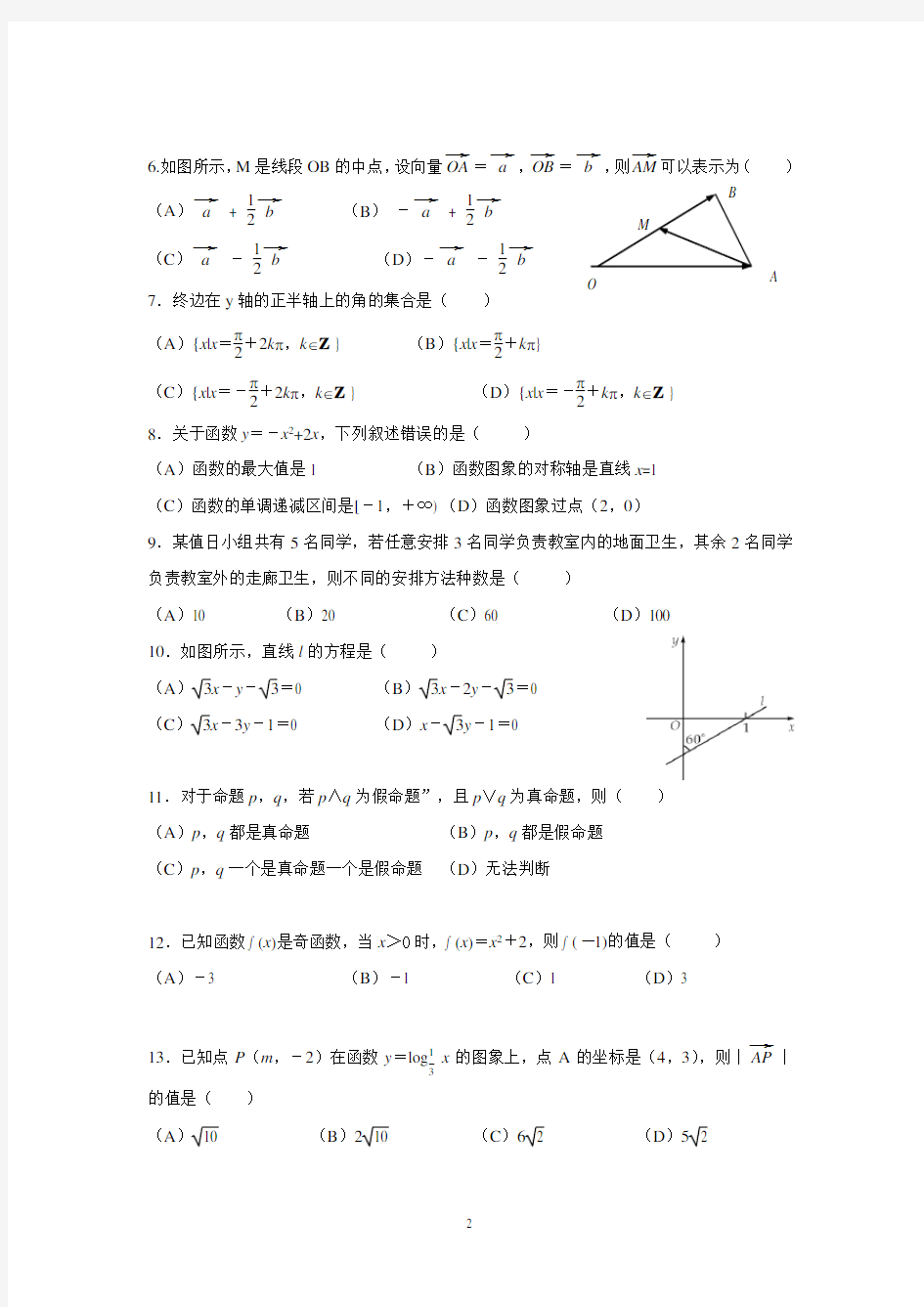 2015年山东春季高考数学试题及详解答案