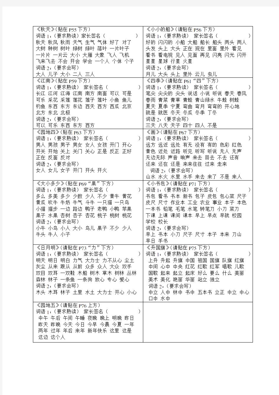 小学一年级语文上册认读词语和听写词语纸条