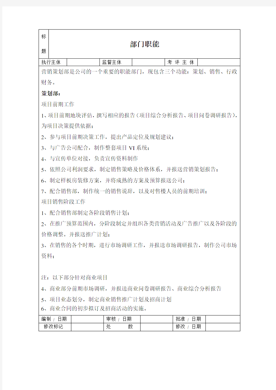 房地产营销策划部岗位职责制度