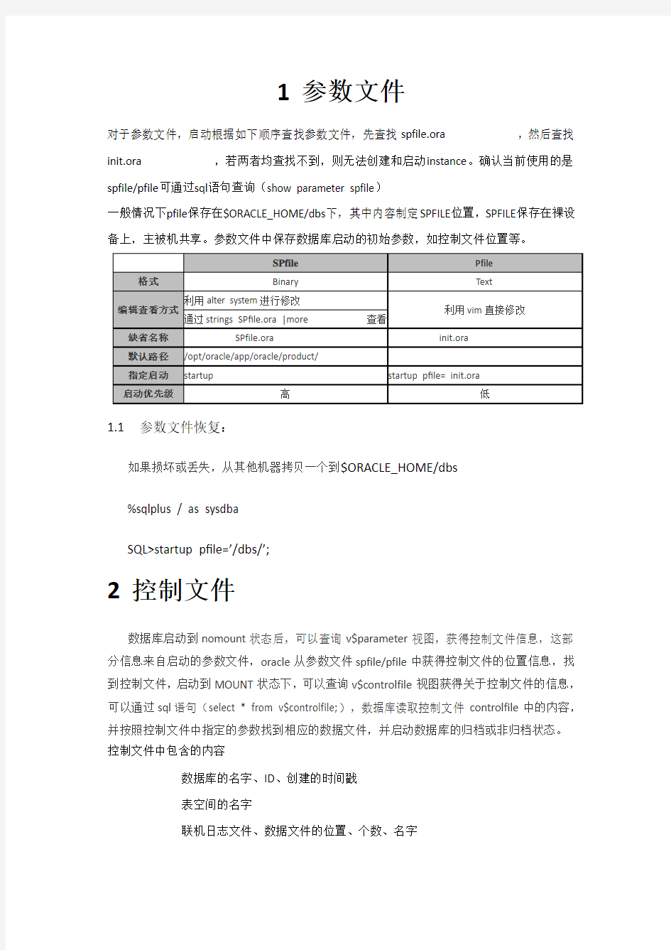 Oracle数据库文件及恢复方法