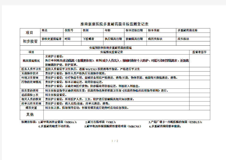 多重耐药菌目标监测登记表