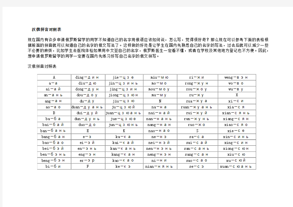 中文姓名的俄语拼音对照表