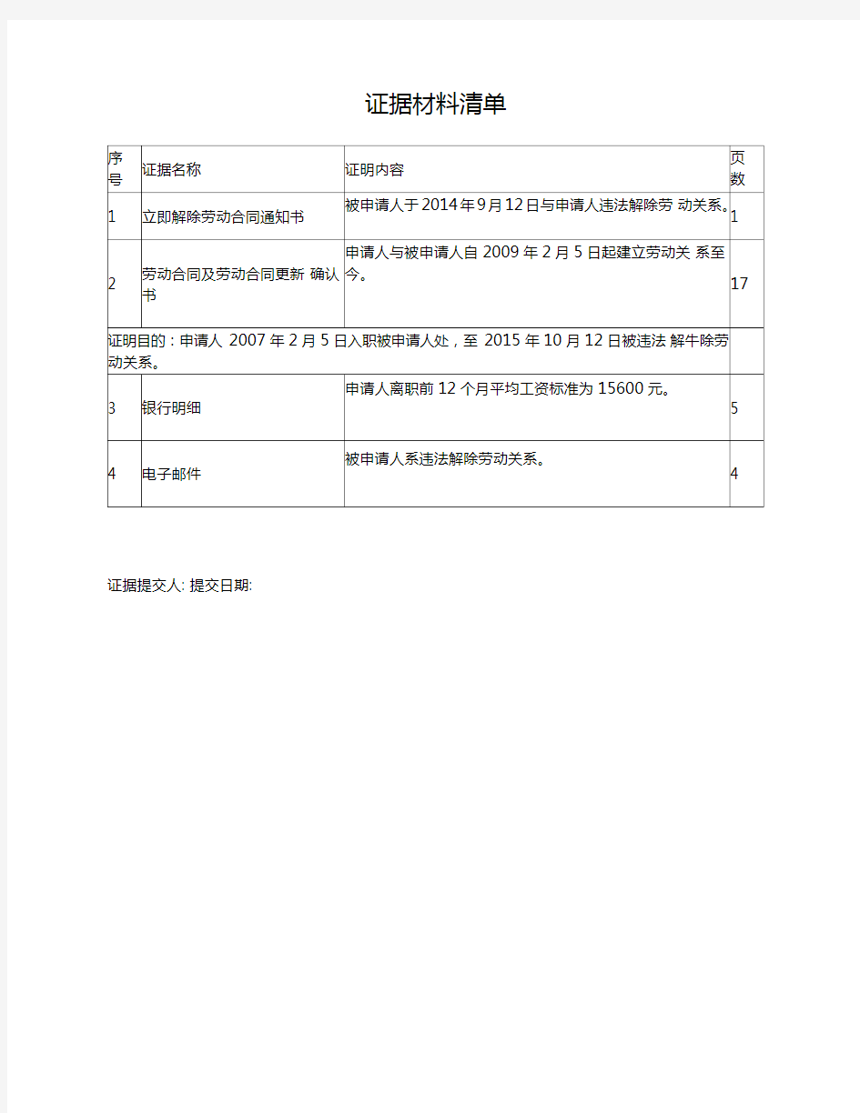 证据材料清单(劳动争议)