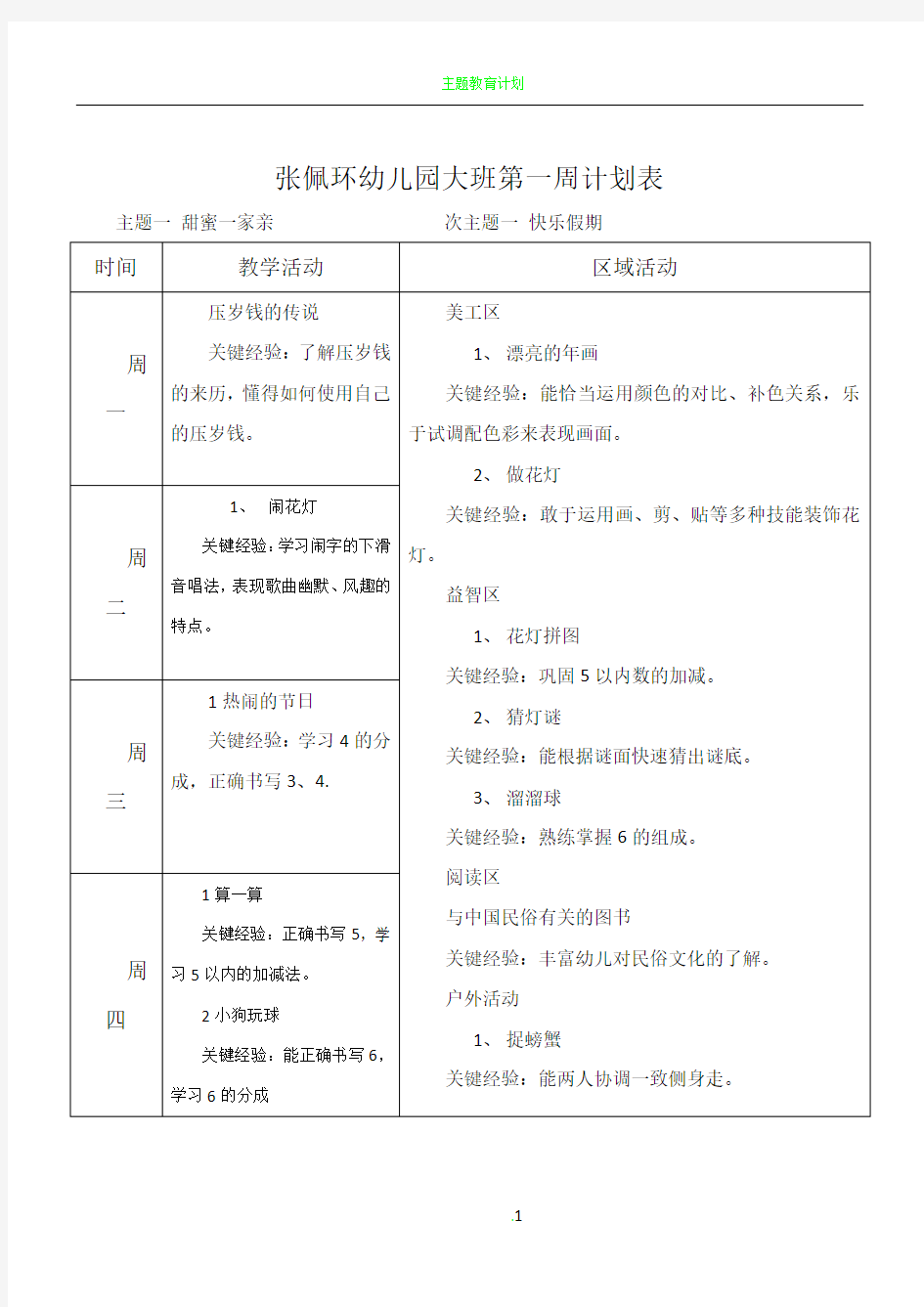 大班下学期周计划