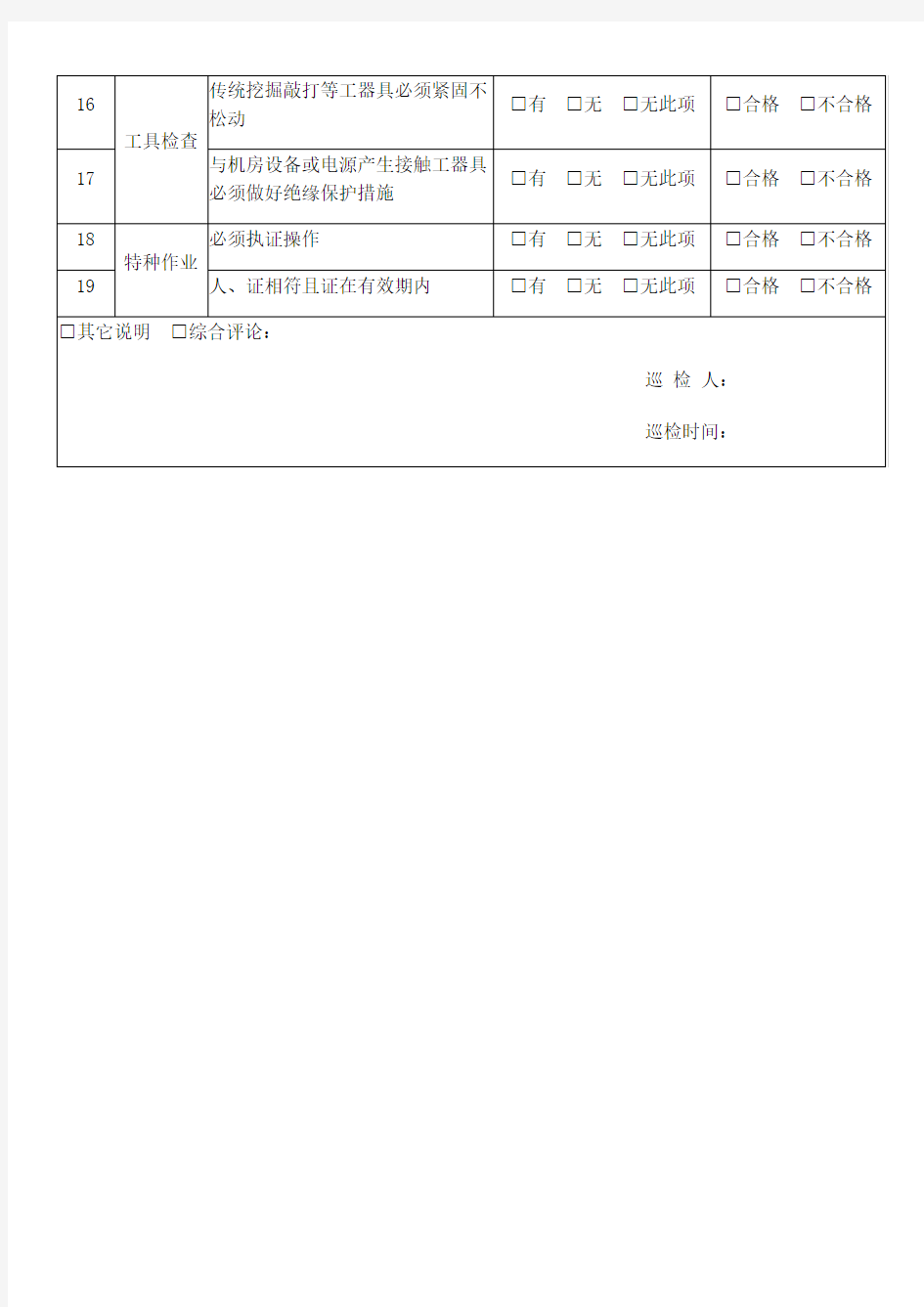 现场施工现场安全巡检记录表格模板——模板