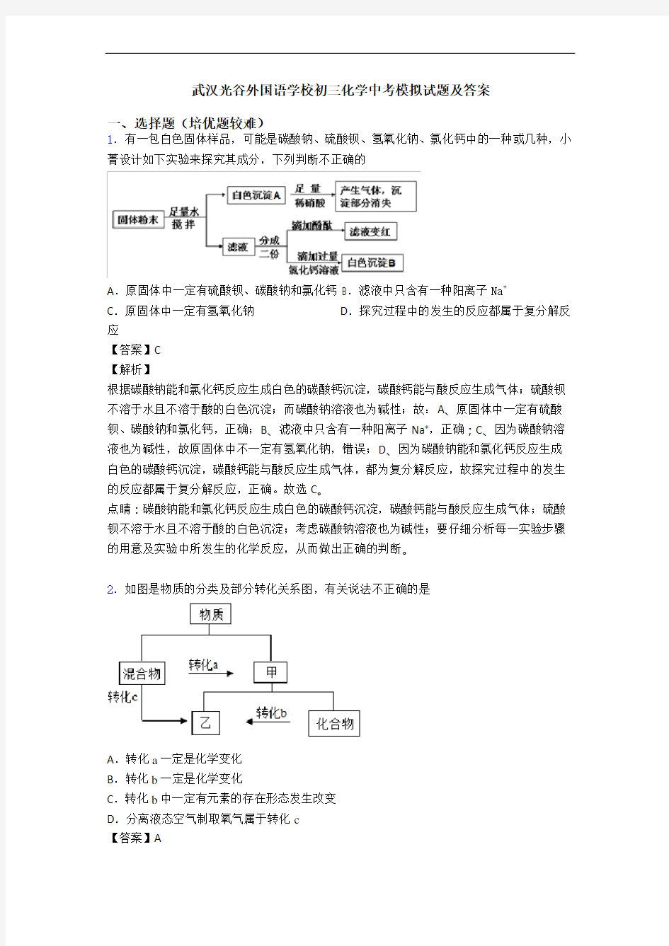 武汉光谷外国语学校初三化学中考模拟试题及答案