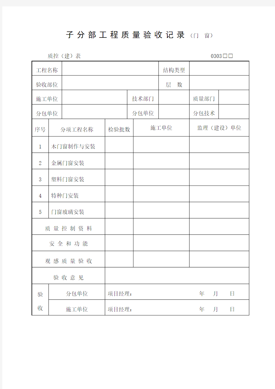 子分部工程质量验收记录门窗表格 