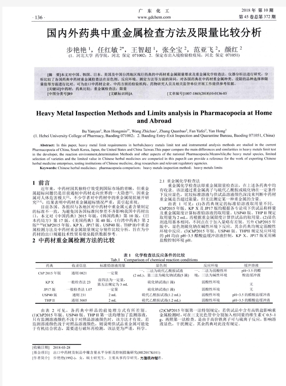 国内外药典中重金属检查方法及限量比较分析