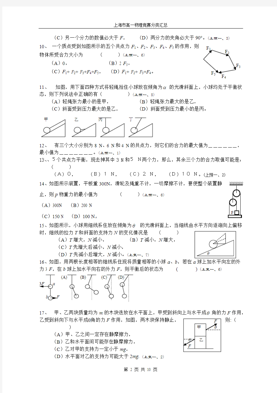 (完整版)上海市高一物理竞赛分类汇总——物体的平衡,推荐文档