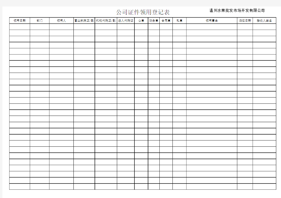 公司证件领用登记表(办公室)