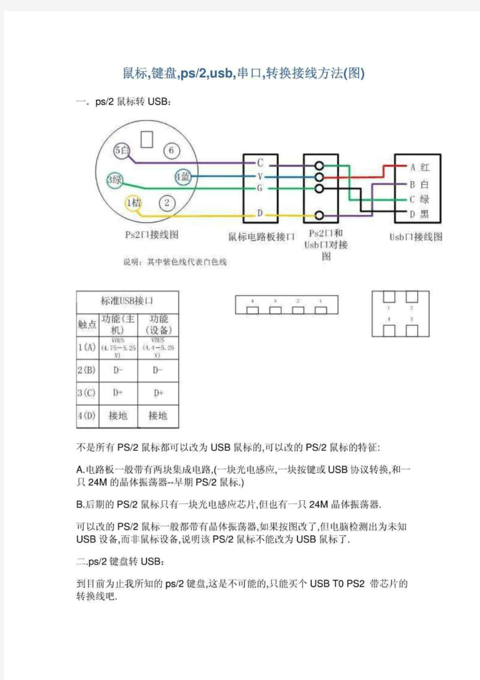 鼠标(键盘)ps2口(圆口)转usb口接线图