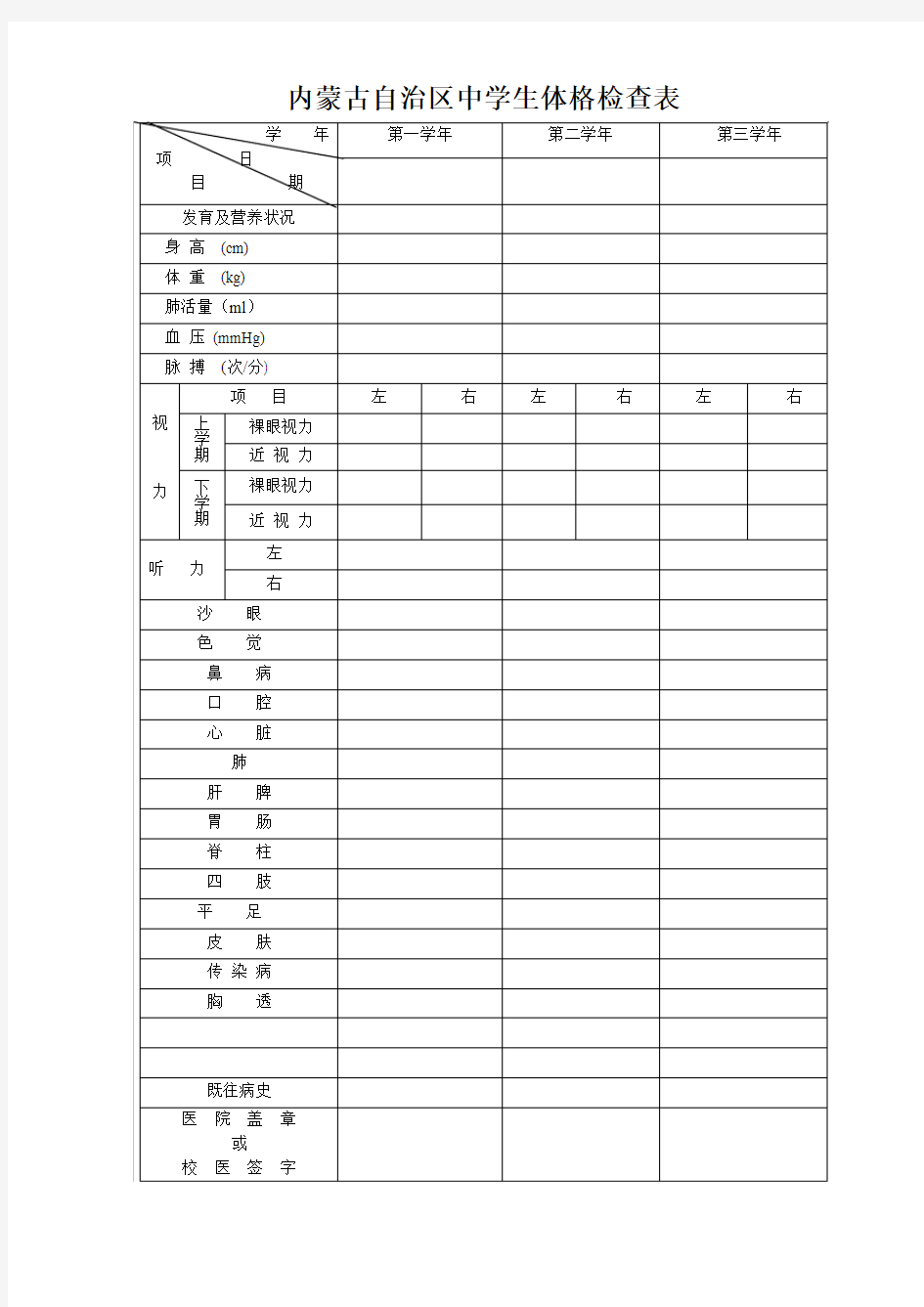 内蒙古自治区中学生体格检查表