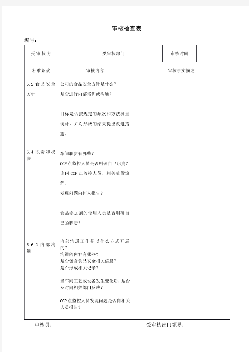 食品安全检查表