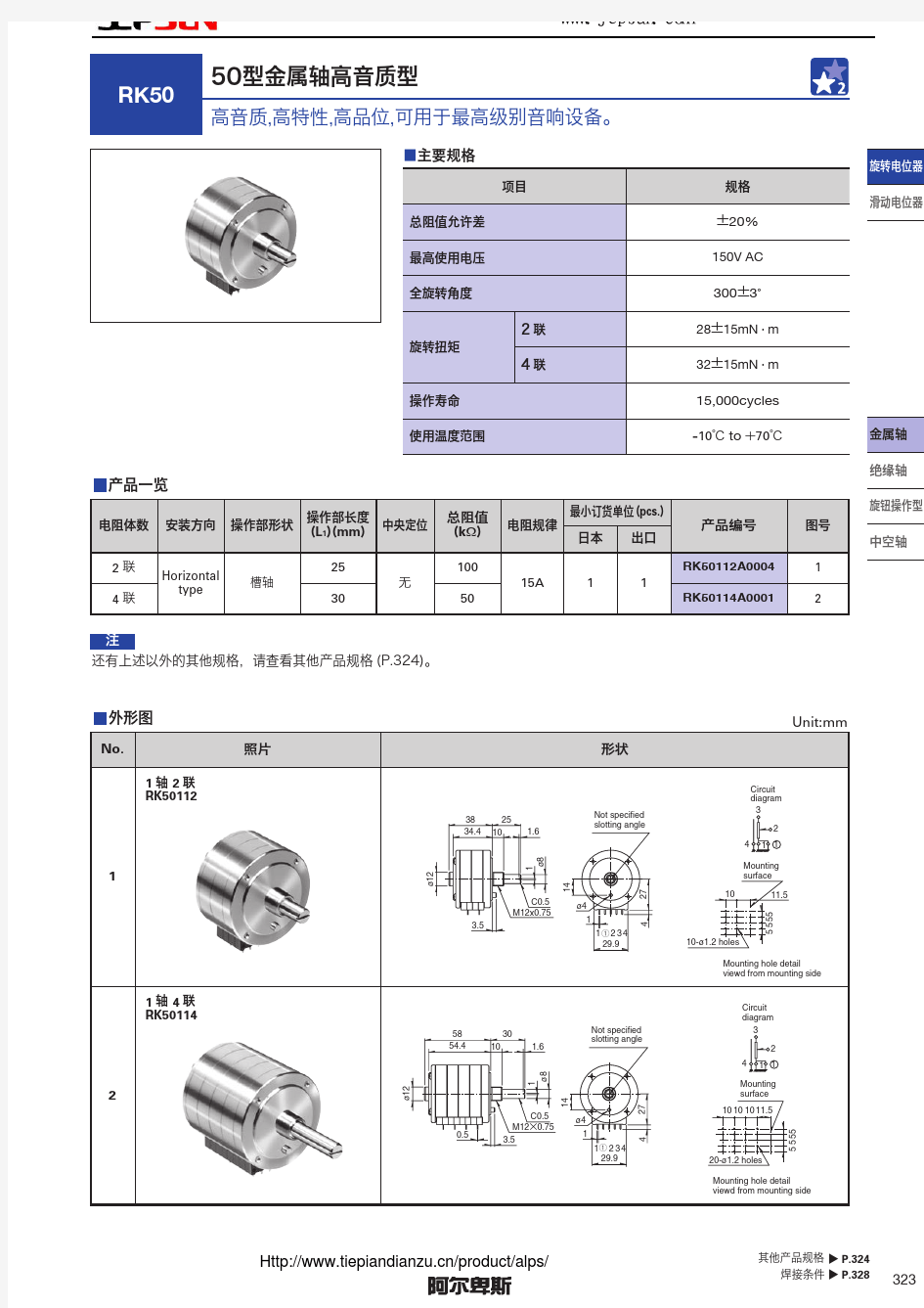 最好的ALPS电位器RK50112A0004和RK50114A0001