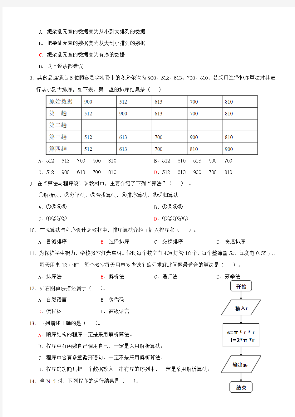 算法与程序设计模拟试题附答案