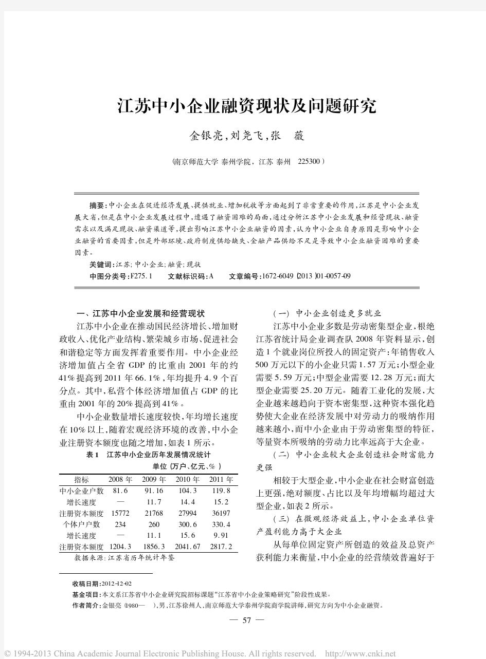 江苏中小企业融资现状及问题研究_金银亮