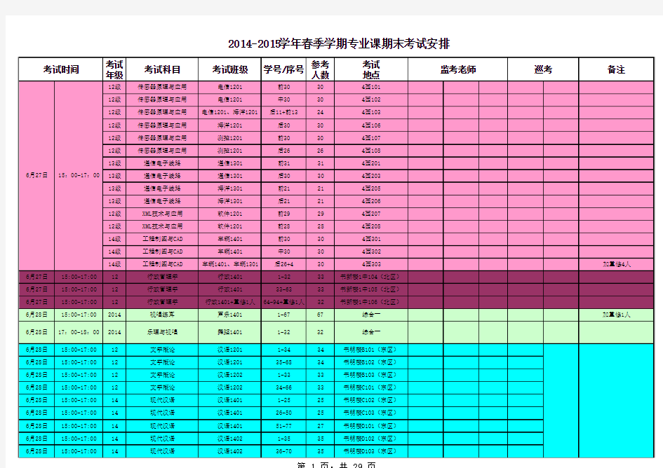 2014-2015春季学期期末考试安排