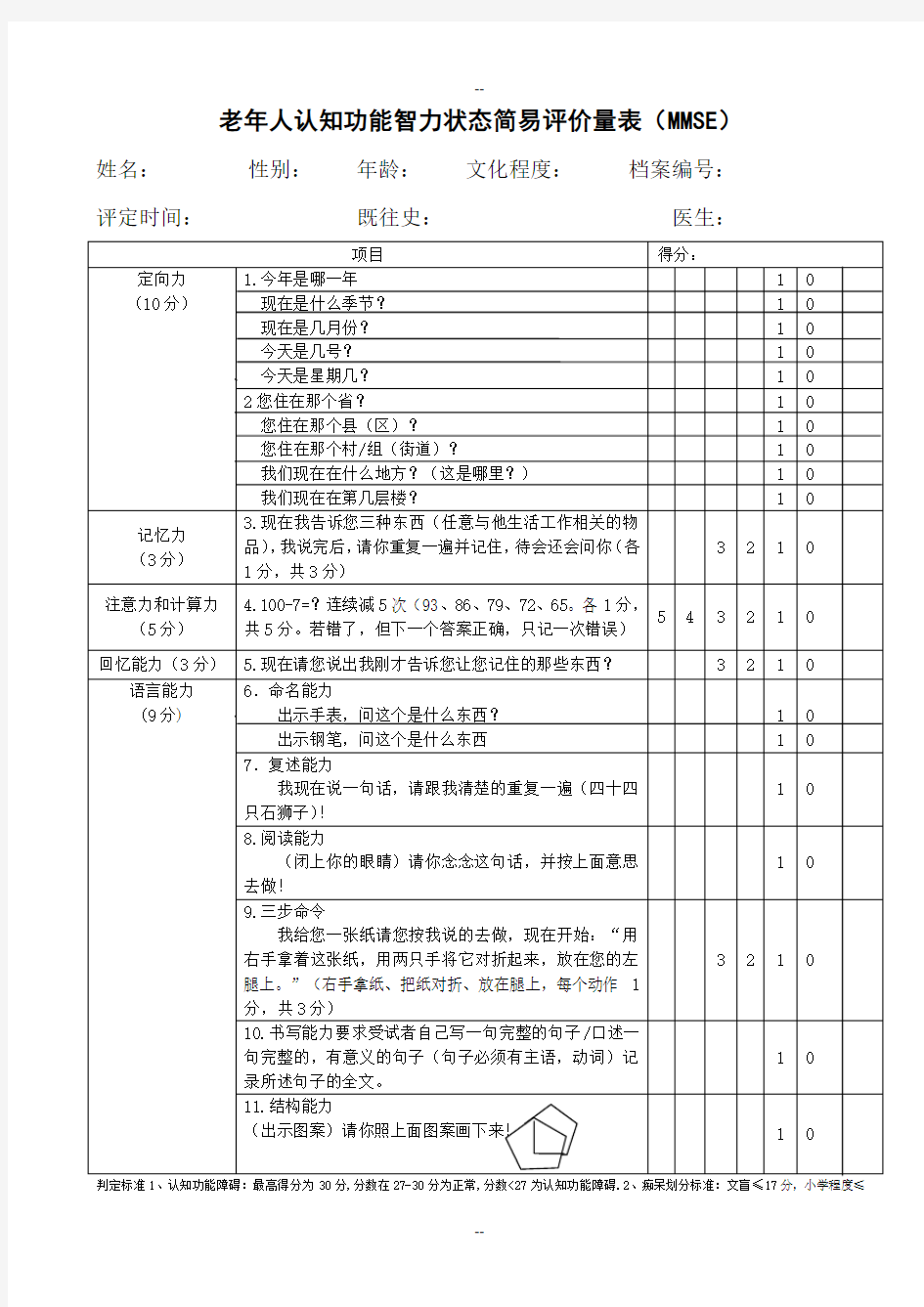 老年人认知功能智力状态简易评价量表(MMSE)