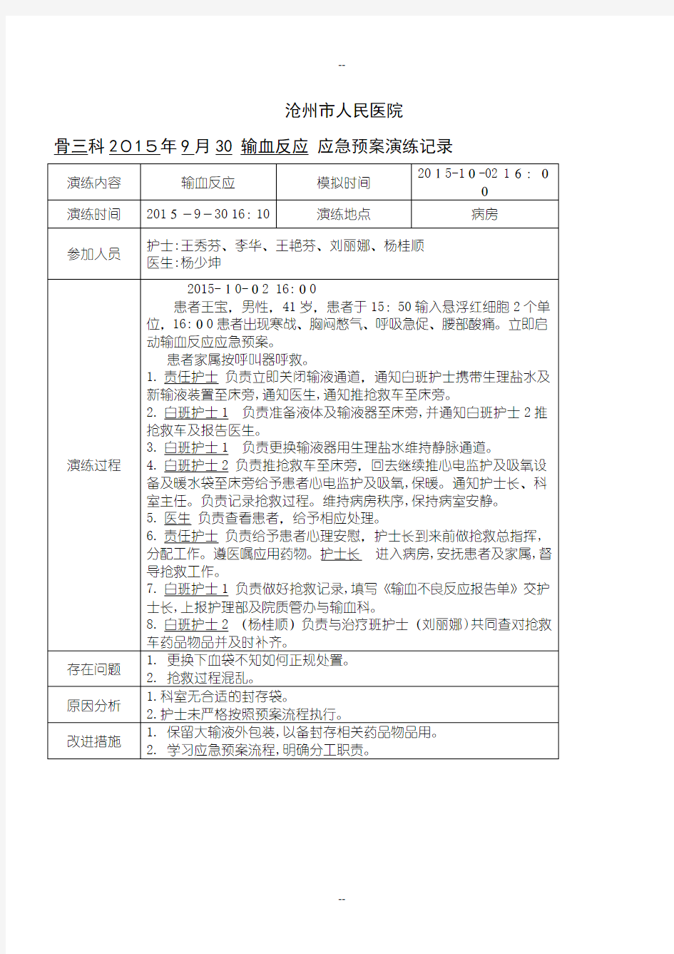 输血反应应急预案演练记录