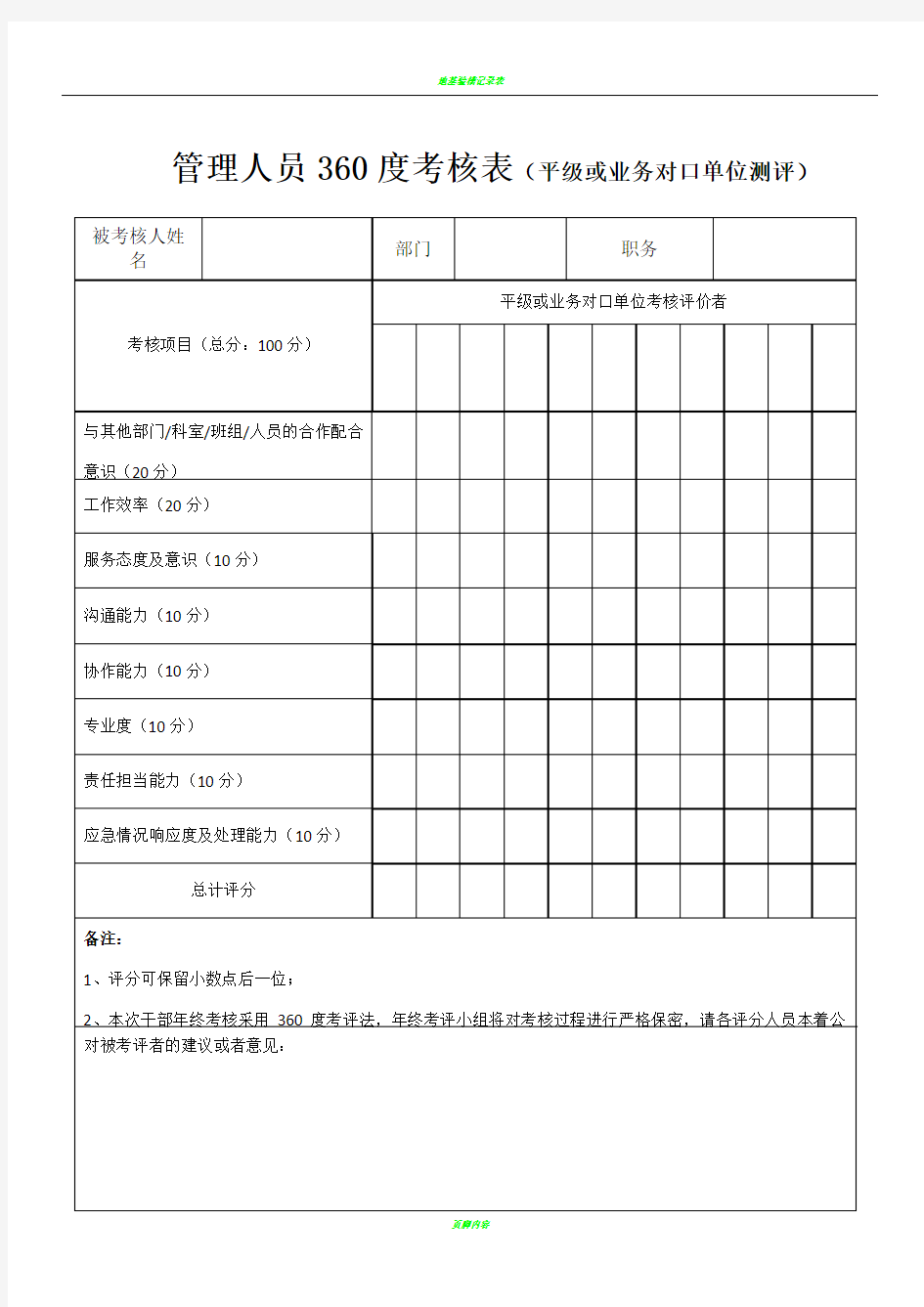 管理人员360度考核表(平级或业务对口单位测评)