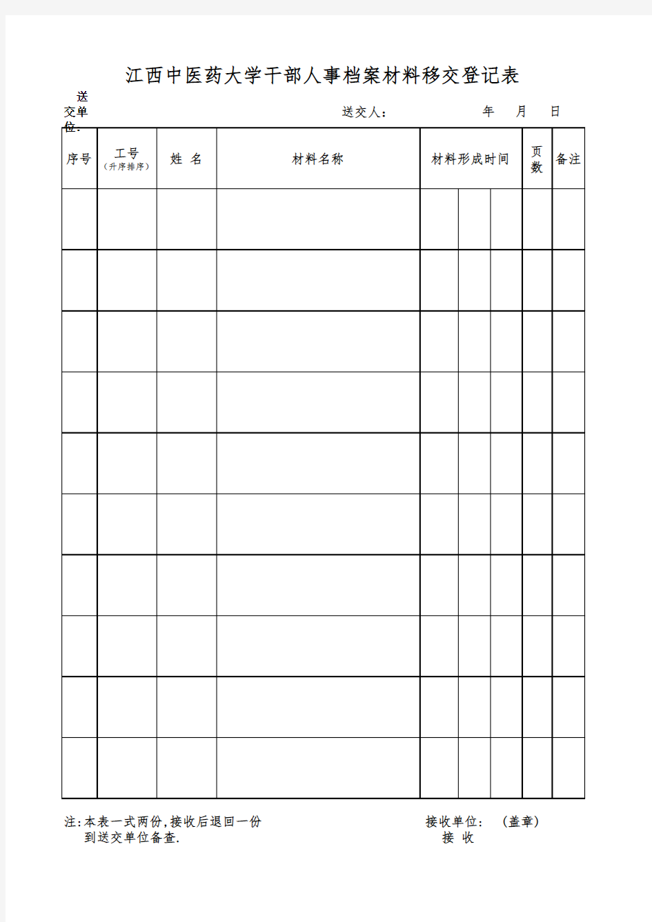 干部人事档案材料移交登记表