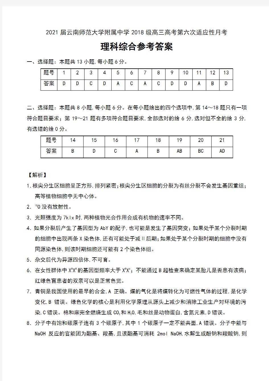 2021届云南师范大学附属中学2018级高三高考第六次适应性月考理科综合试卷参考答案