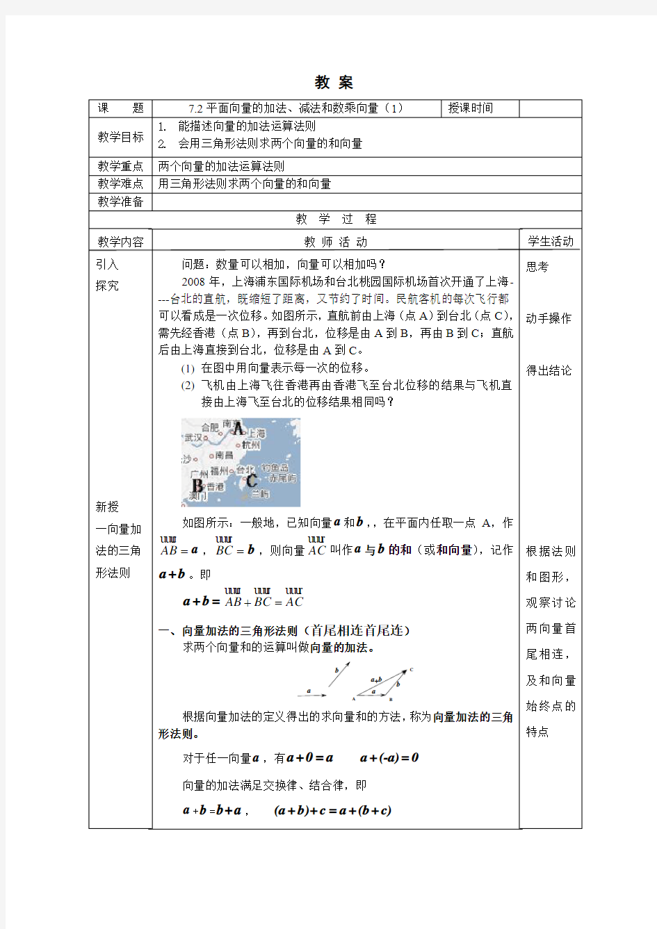 7.2平面向量的加法、减法和数乘向量(1)