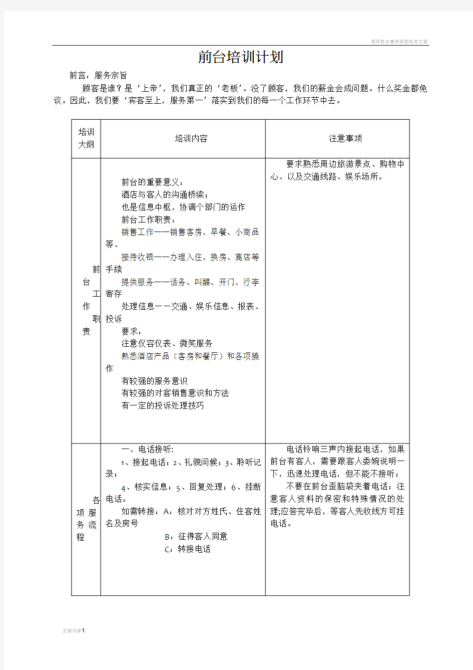 酒店前台培训计划71399