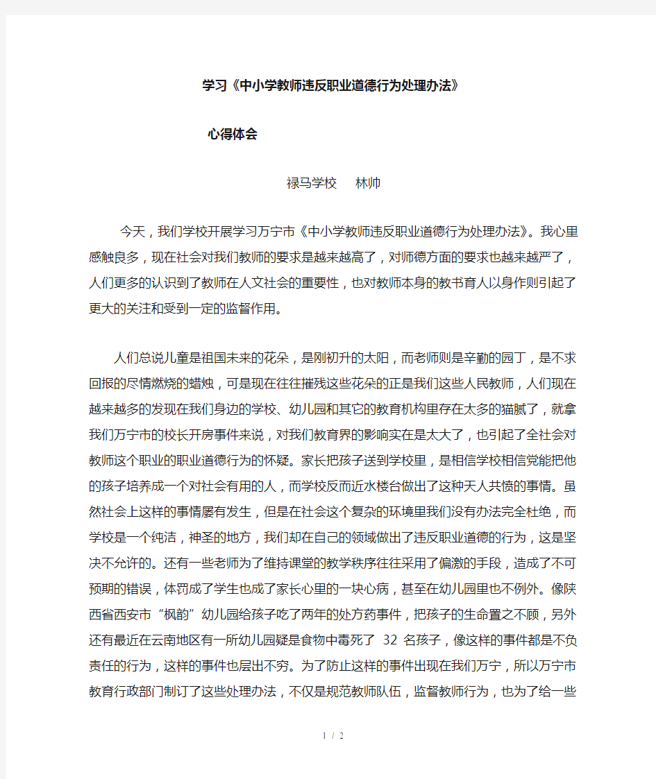 学习《违反教师职业道德行为处理办法》心得体会