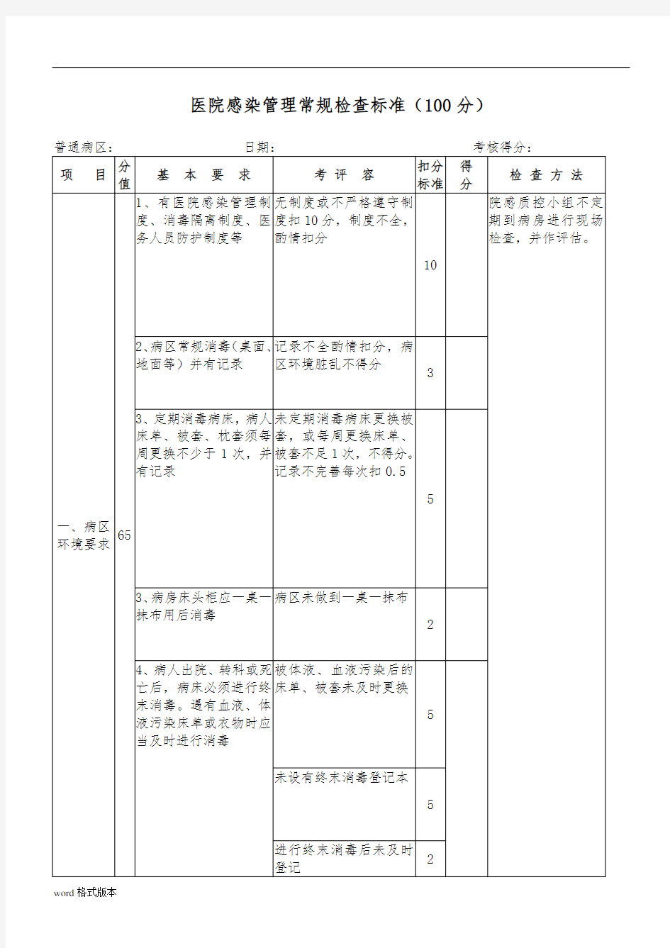 医院感染管理常规检查标准