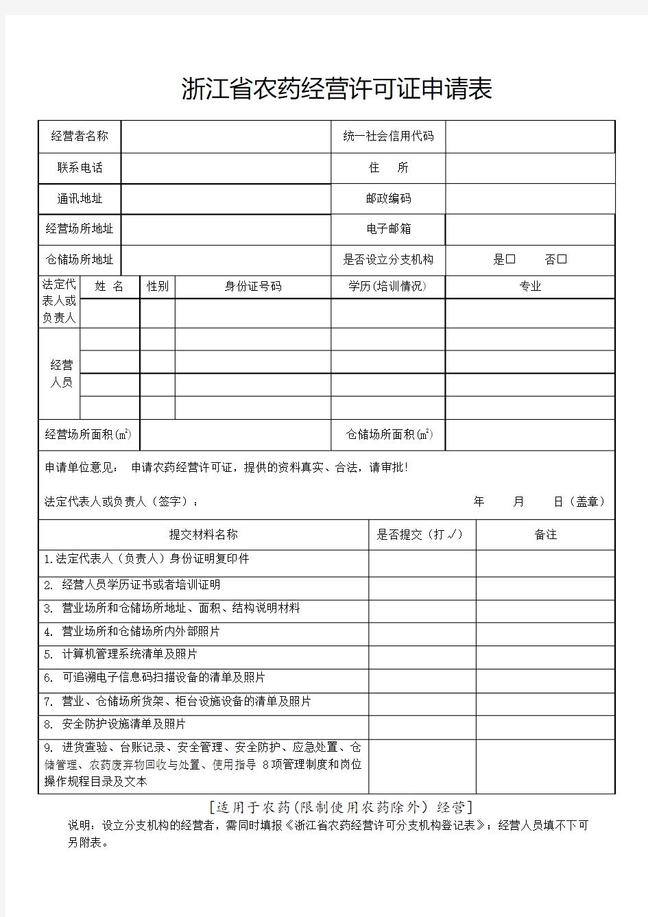 浙江省农药经营许可证申请表