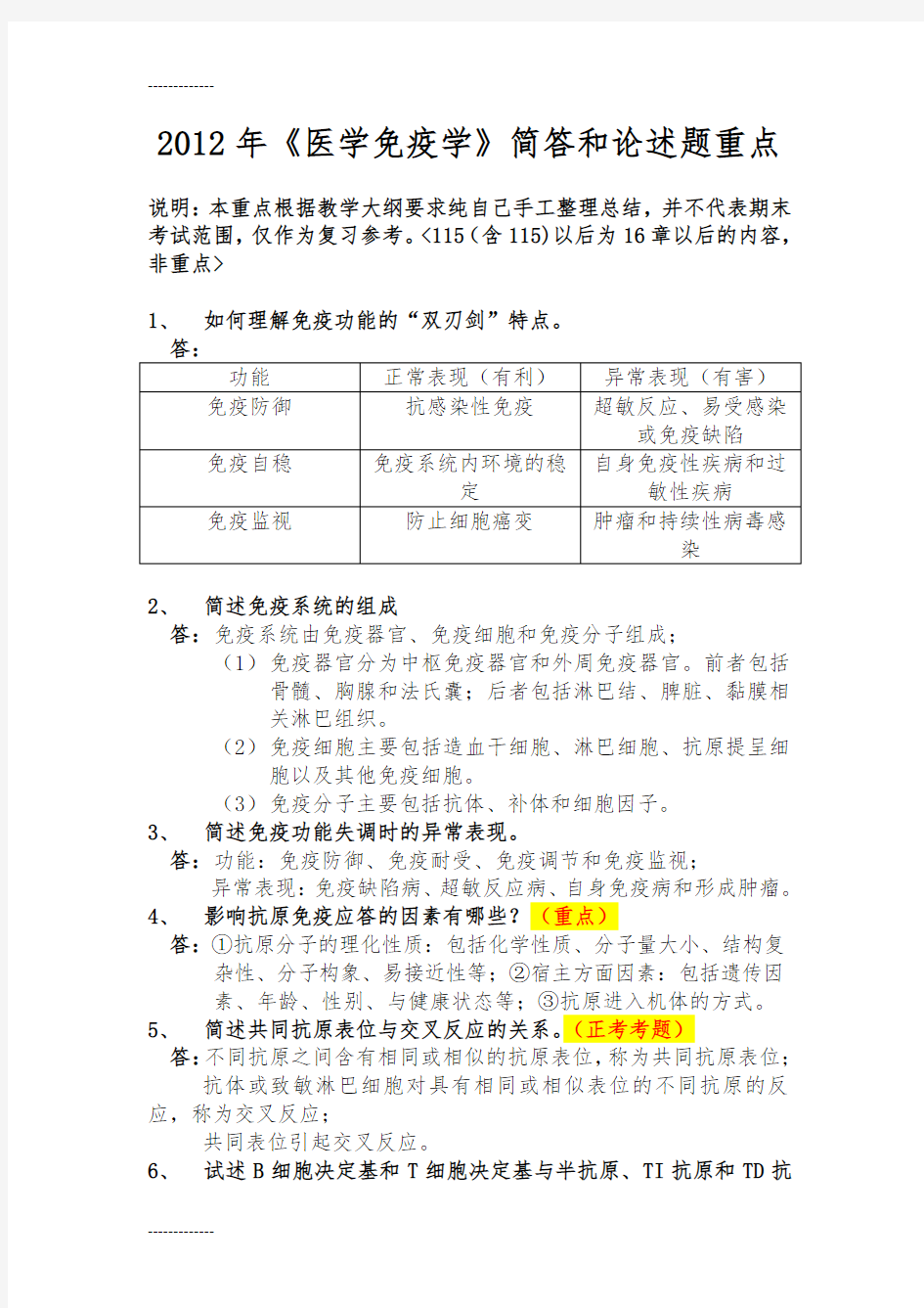 (整理)免疫大题范围