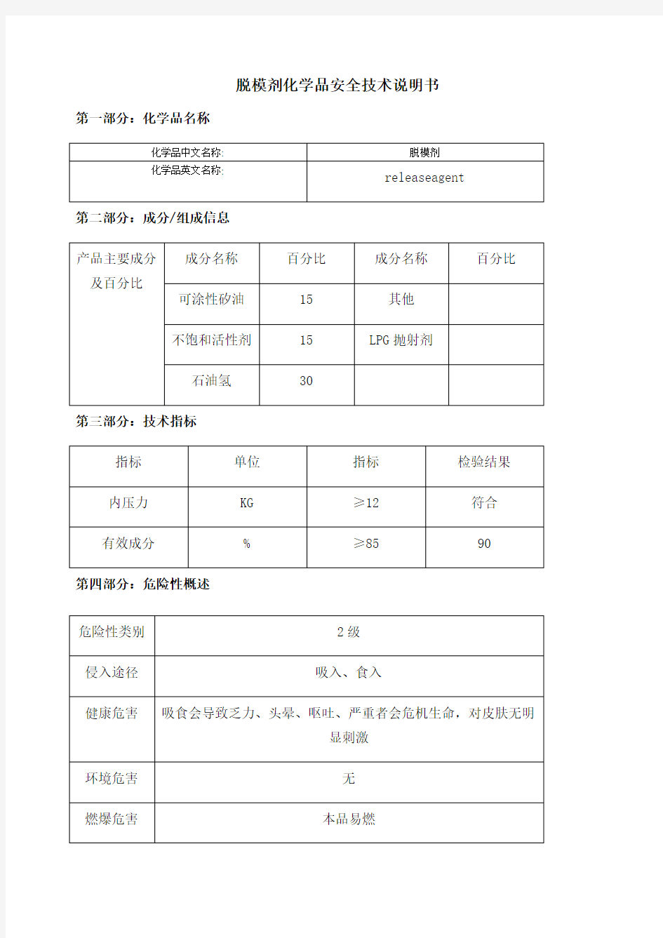 脱模剂化学品MSDS