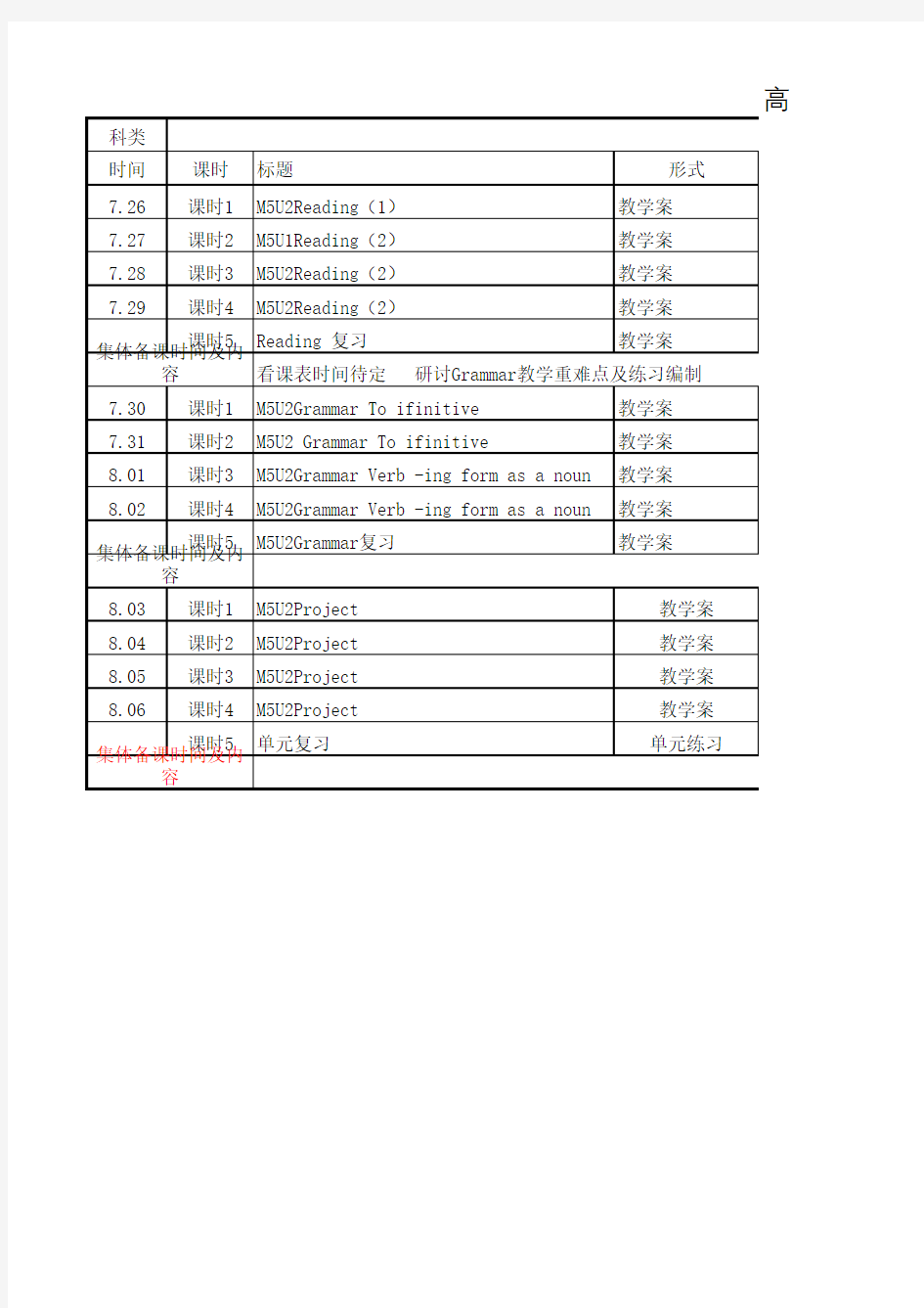 高二年级暑期  英语学科第二阶段学习清单