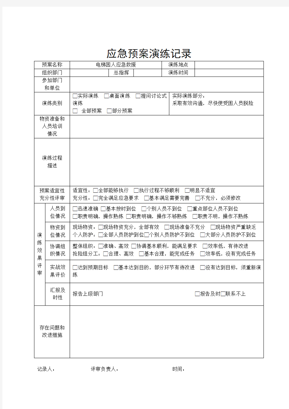 电梯应急演练记录表格