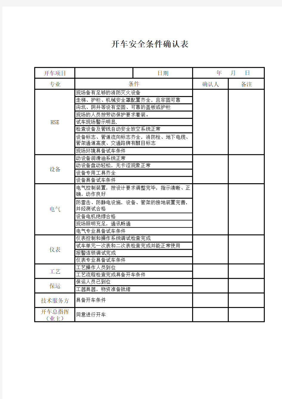 开车安全条件确认表