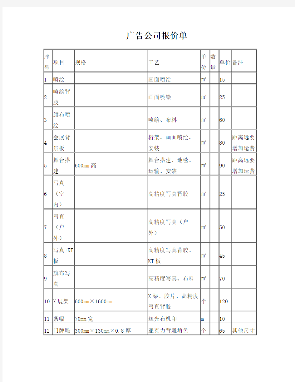 广告公司报价单