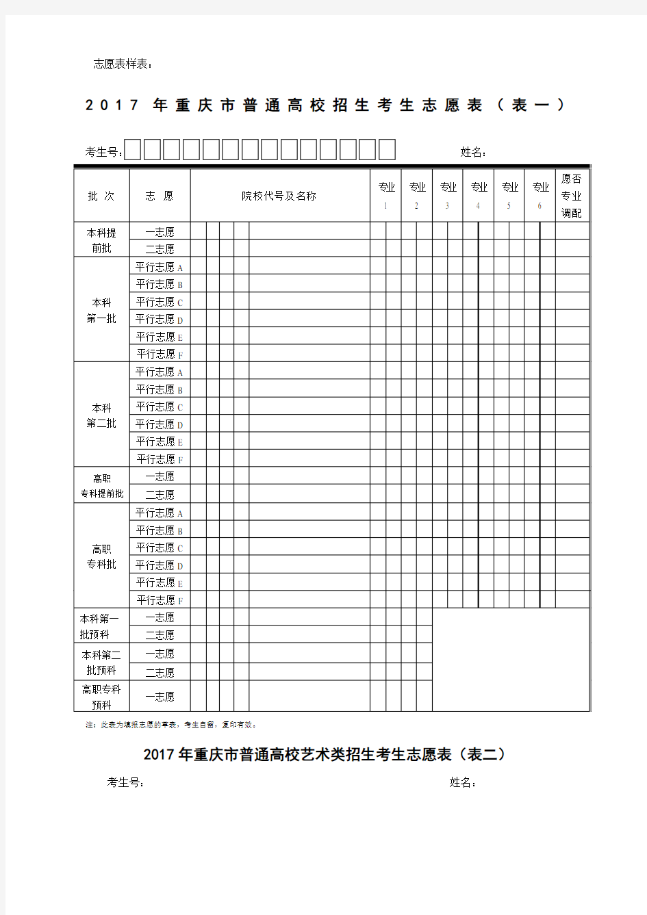 重庆市普通高校招生考生志愿表样表