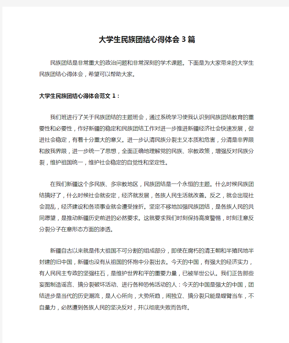 大学生民族团结心得体会3篇