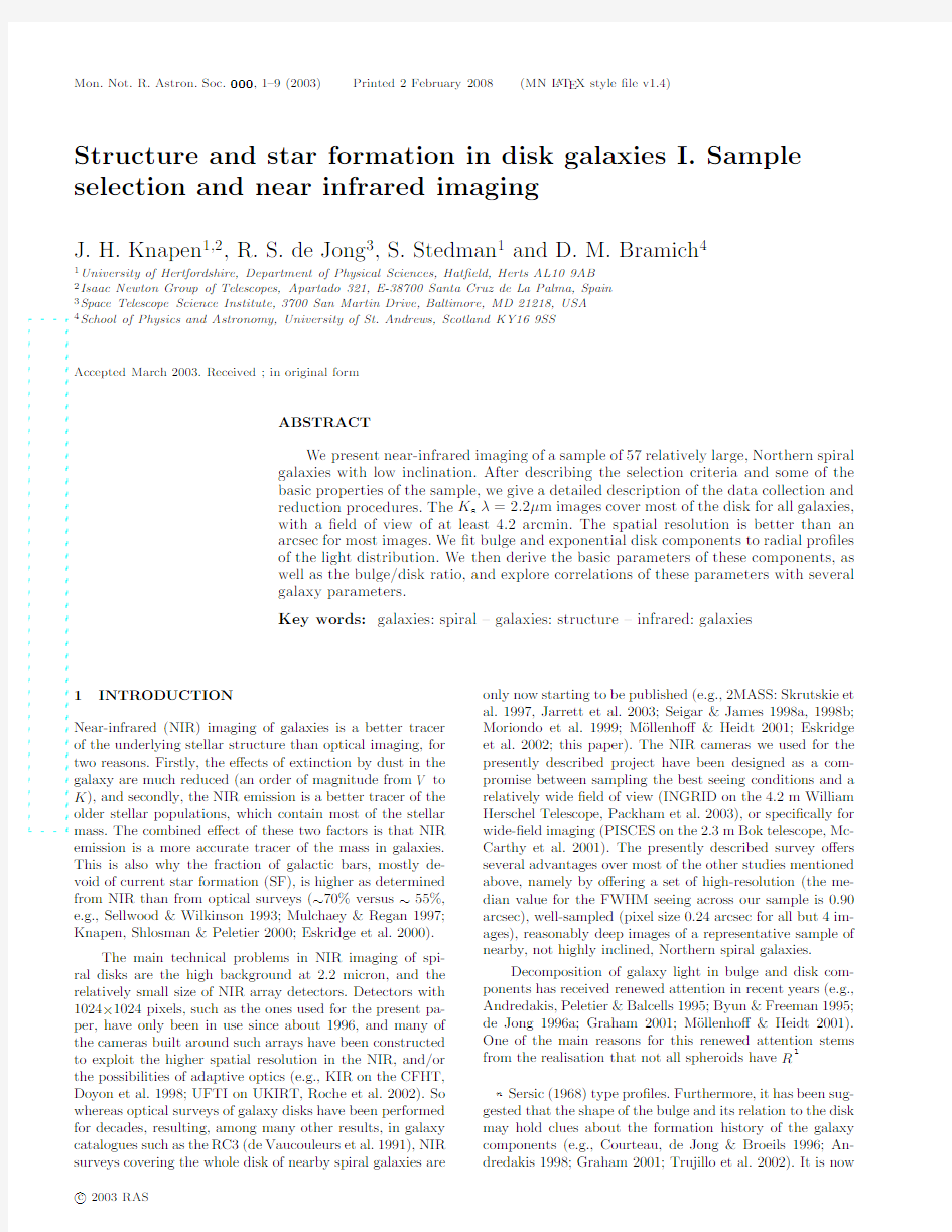 Structure and star formation in disk galaxies I. Sample selection and near infrared imaging