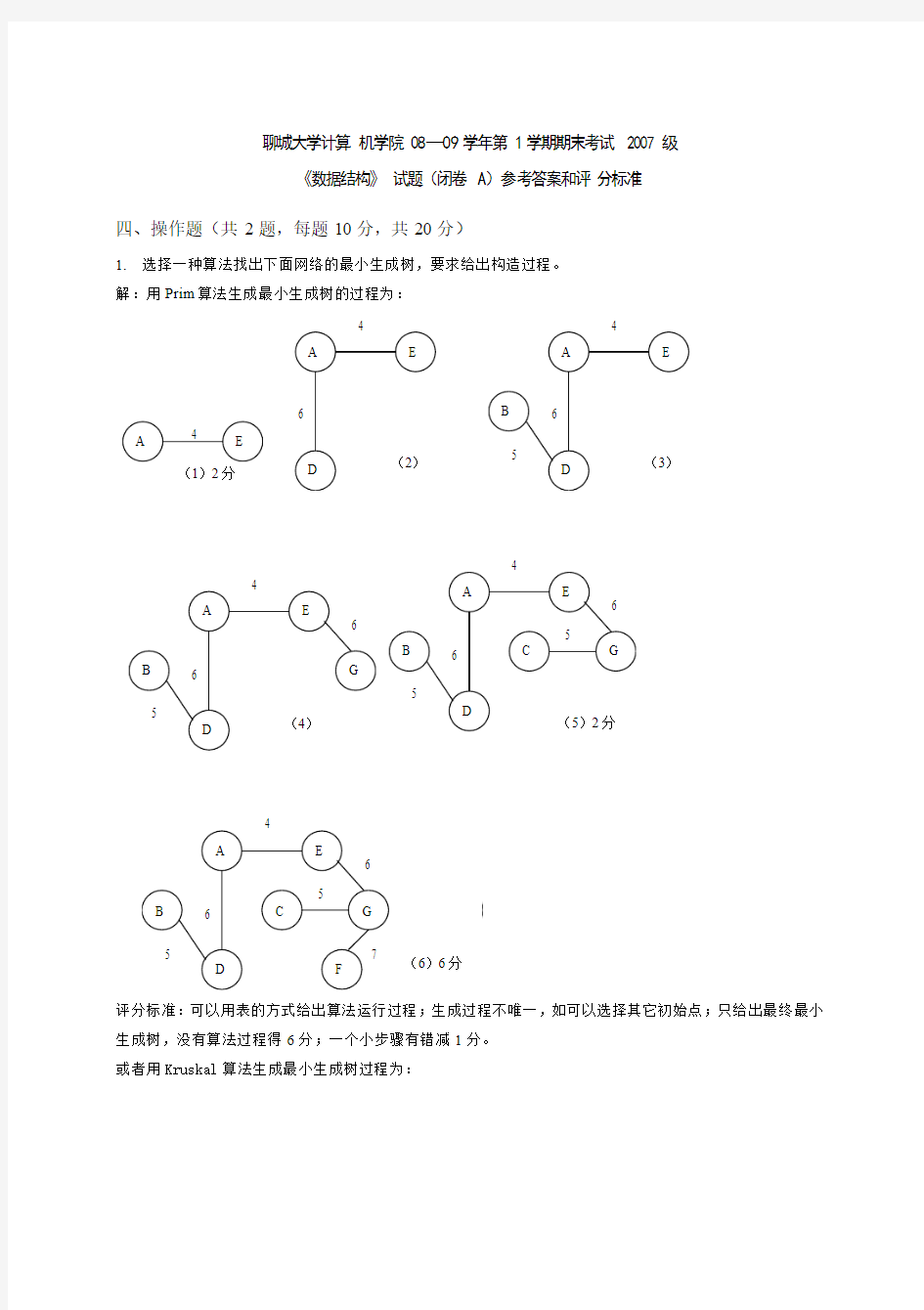 聊城大学计算机学院数据结构A答案