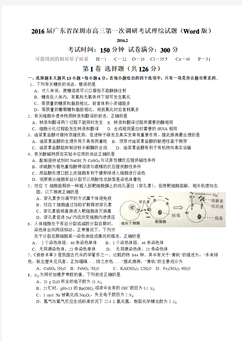 2016届广东省深圳市高三第一次调研考试理综试题(Word版)