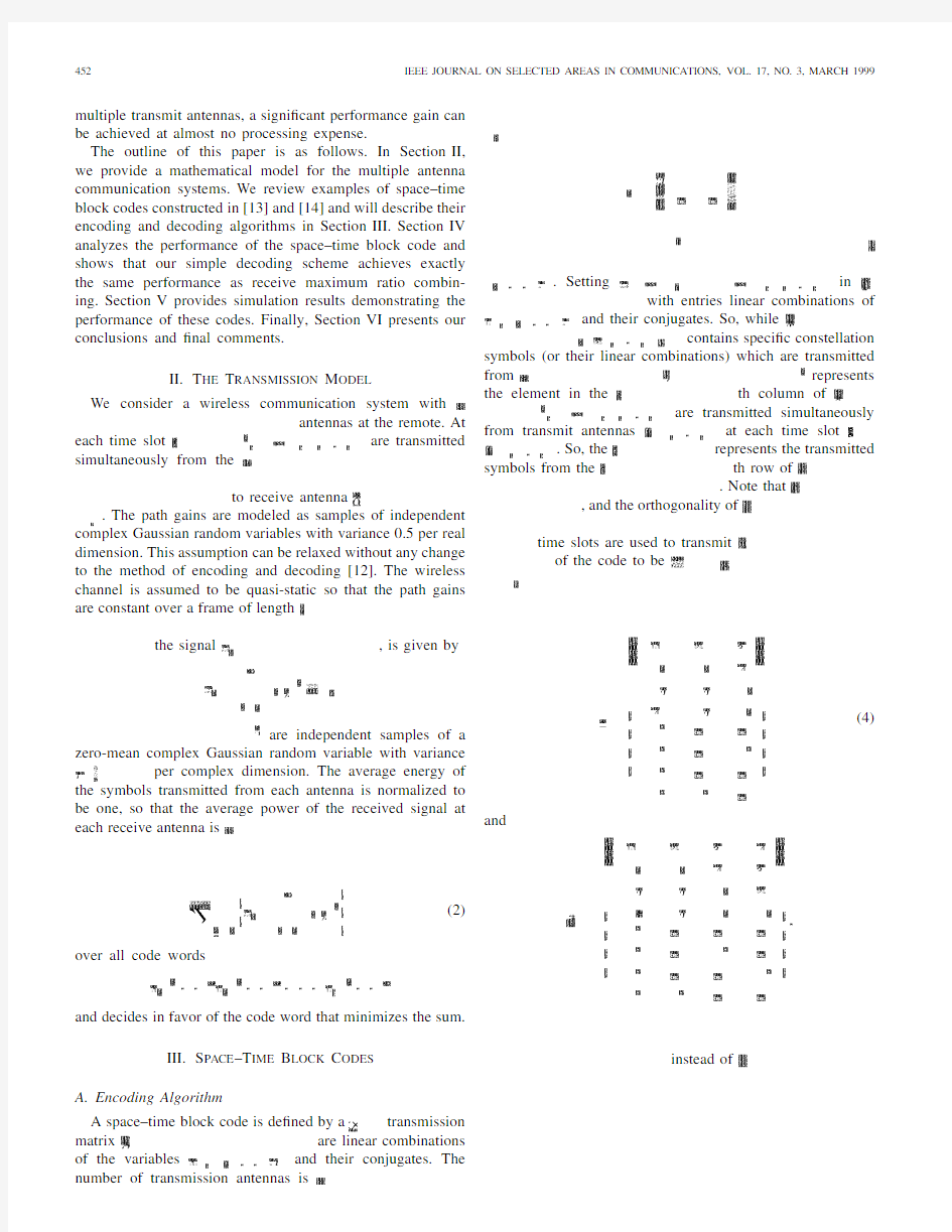 Space-time block coding for wireless communications,   performance results