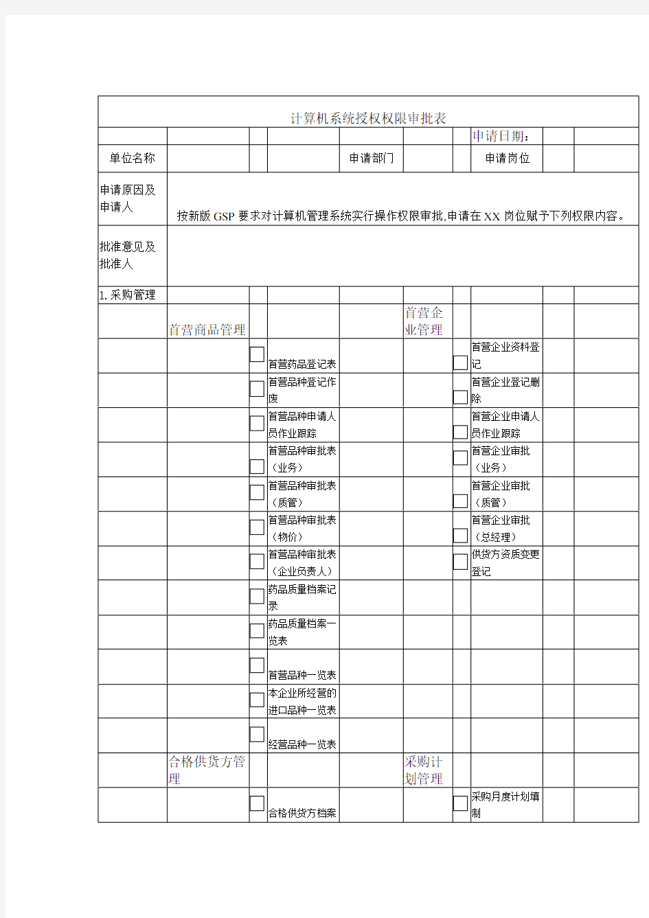 GSP计算机系统授权权限审批表