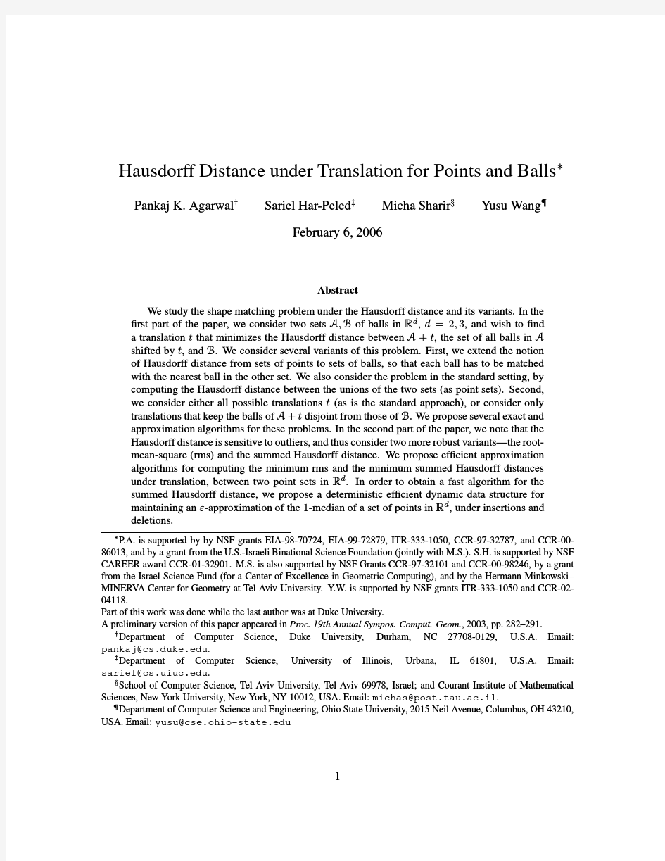 Hausdorff distance under translation for points and balls