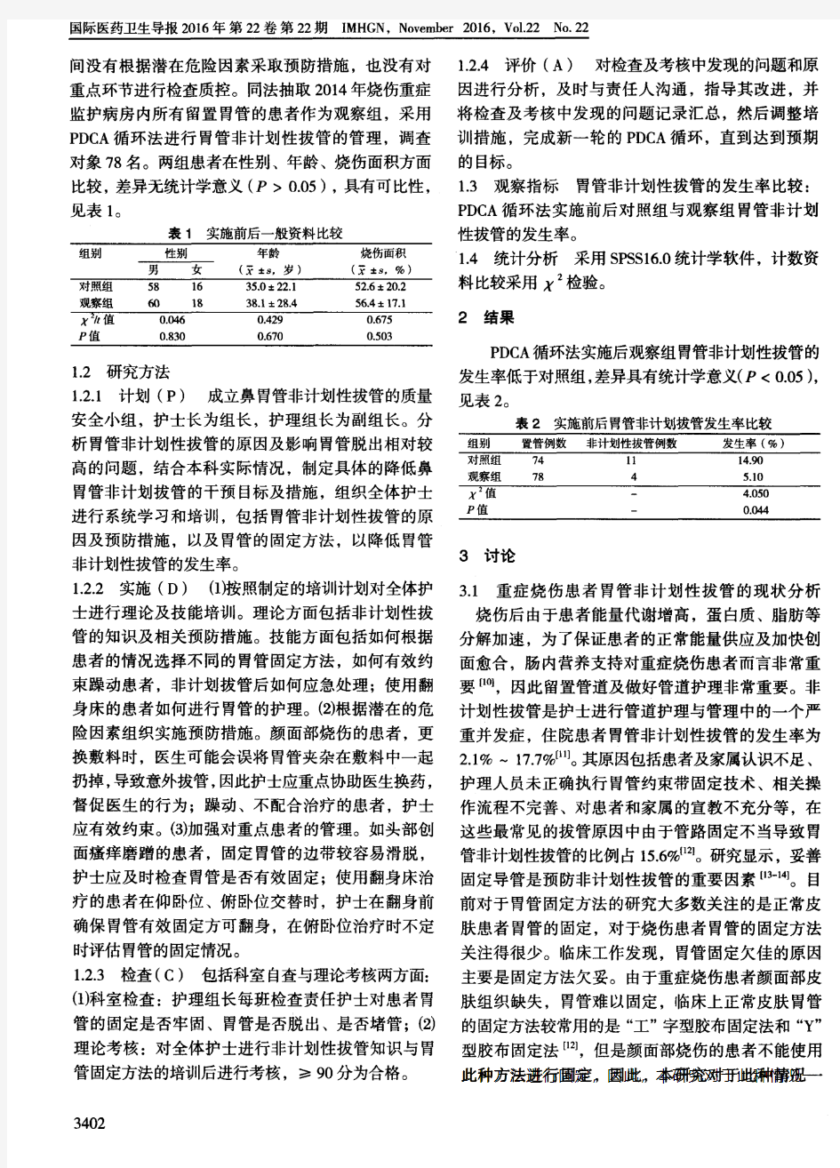 PDCA循环法在重症烧伤患者胃管非计划性拔管的应用