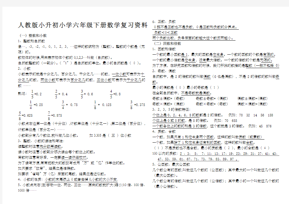 人教版小升初小学六年级下册数学重难点知识点复习大全