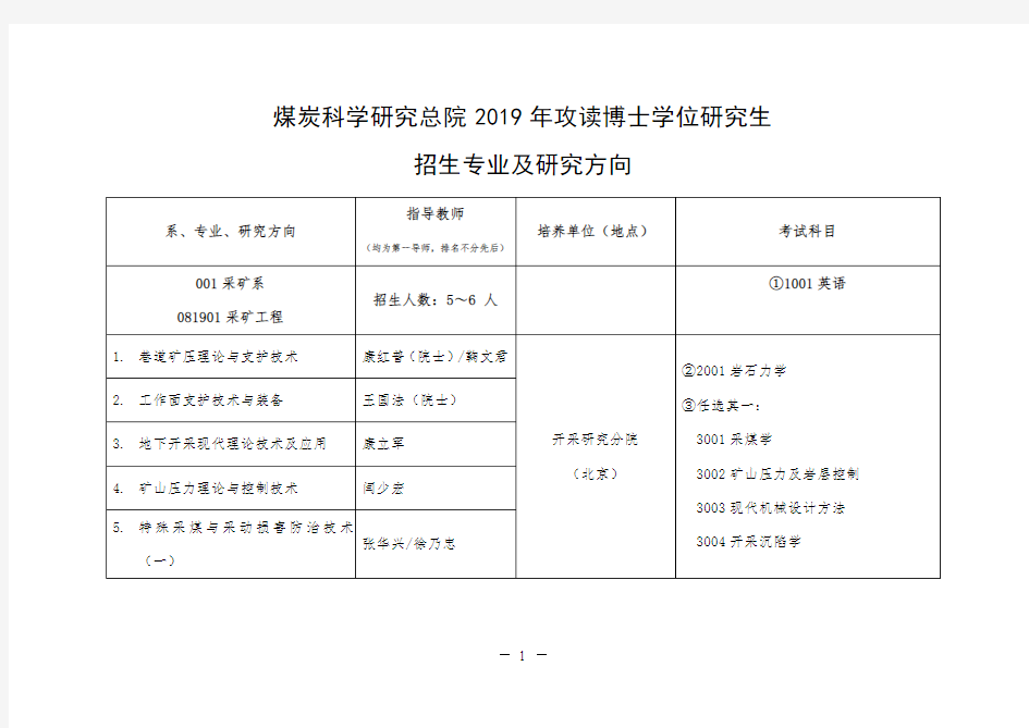 煤炭科学研究总院2019年攻读博士学位研究生