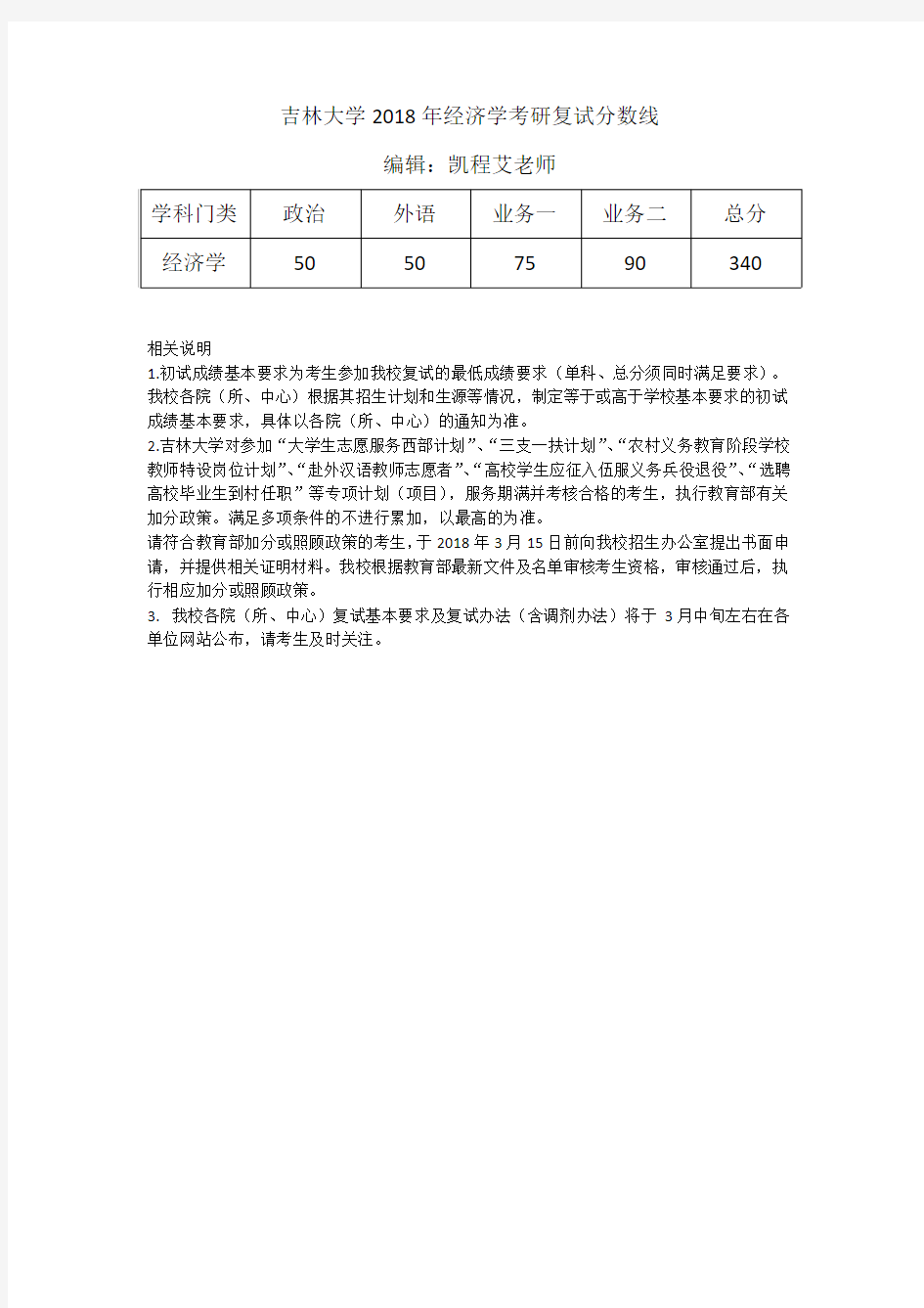 吉林大学2018年经济学考研复试分数线